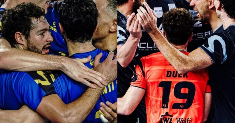 Los escudos de UPCN Vóley y Ciudad Vóley, finalistas de la Liga Argentina de Vóley.