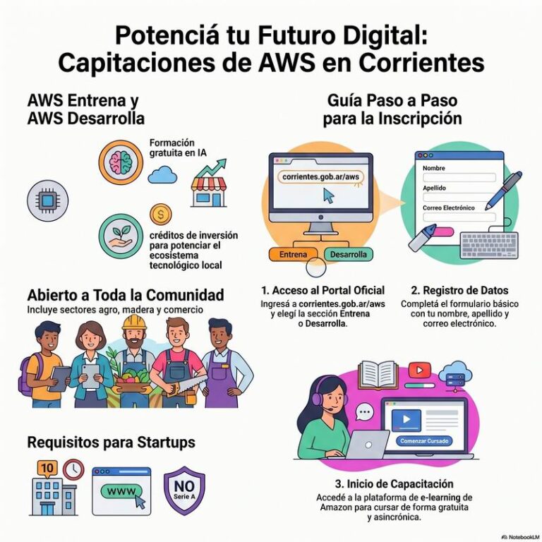 Personas capacitándose en tecnología con logos de Amazon Web Services y Gobierno de Corrientes