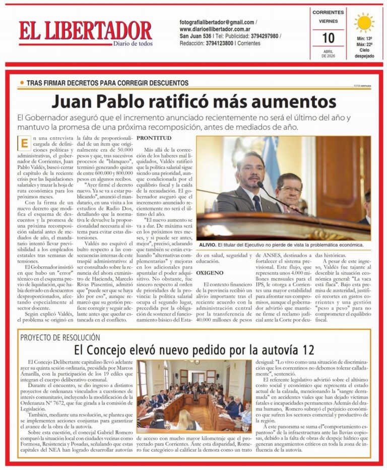 Portada del Diario El Libertador de Corrientes, edición del 10 de abril de 2026