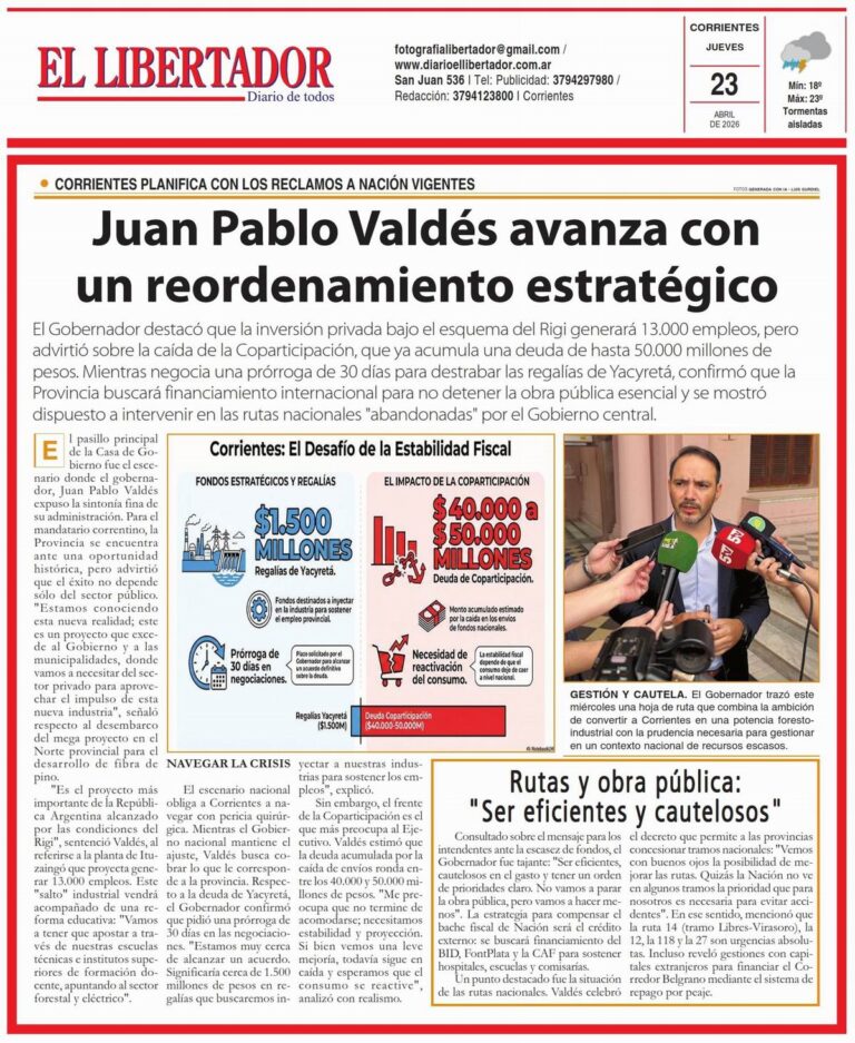 Portada de la edición del 23 de abril de 2026 del Diario El Libertador de Corrientes