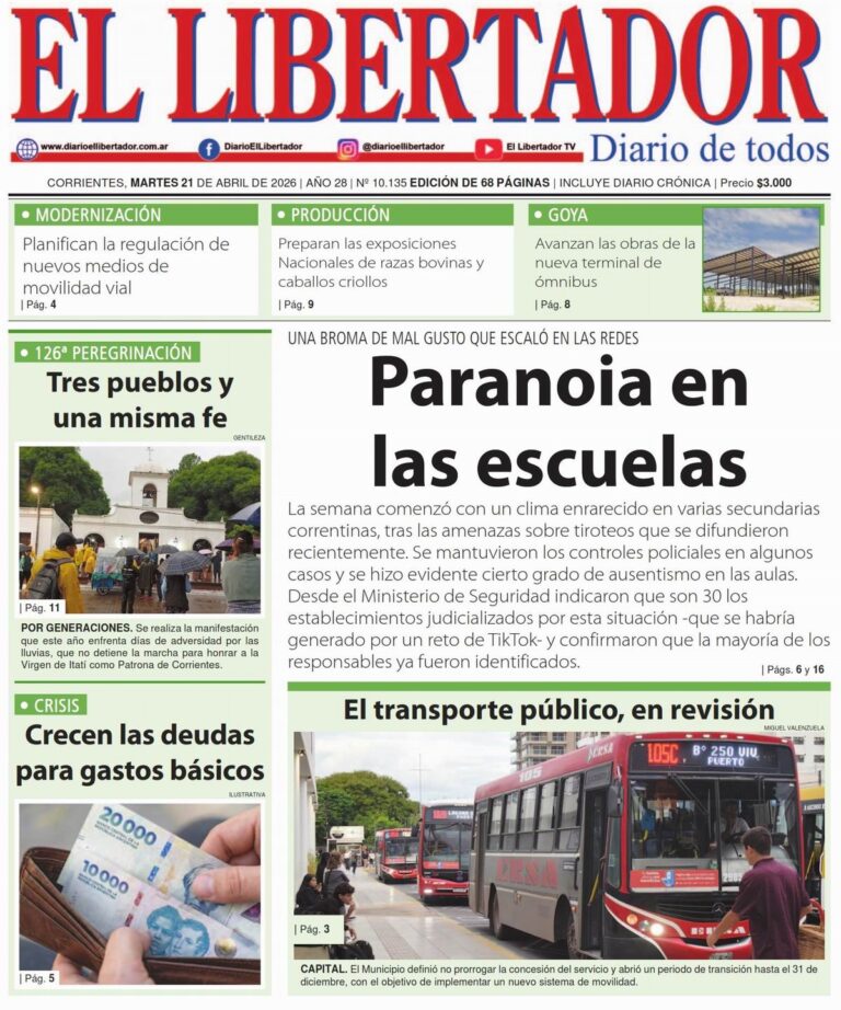 Captura de pantalla de la portada digital del Diario El Libertador de Corrientes, edición 21 de abril de 2026.
