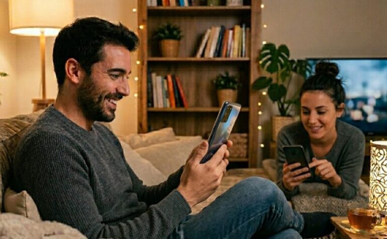 Persona utilizando una tablet para entretenimiento en el living de su casa